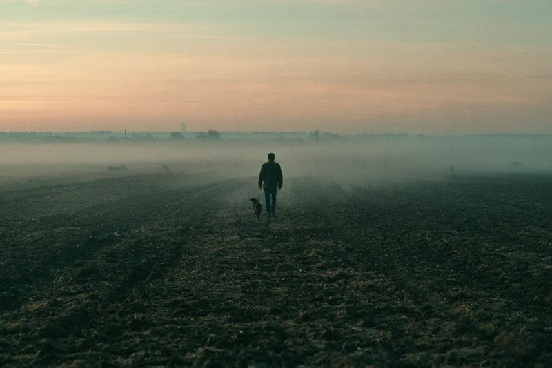 The Long Field — a lone figure and a dog walking away across a ploughed field into low mist at dawn