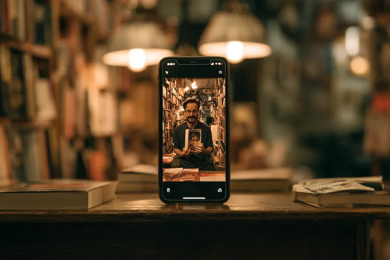 Staff Picks — a phone propped on a bookshop table among paperbacks, on screen a bookseller holding up a book between the shelves