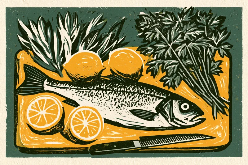 The Weekend Cook — a linocut-style illustration in green, yellow and black of a whole fish with lemons, herbs and a knife