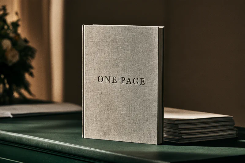 One Page — a grey cloth-bound hardback standing on a green desk, the title ONE PAGE stamped on its cover