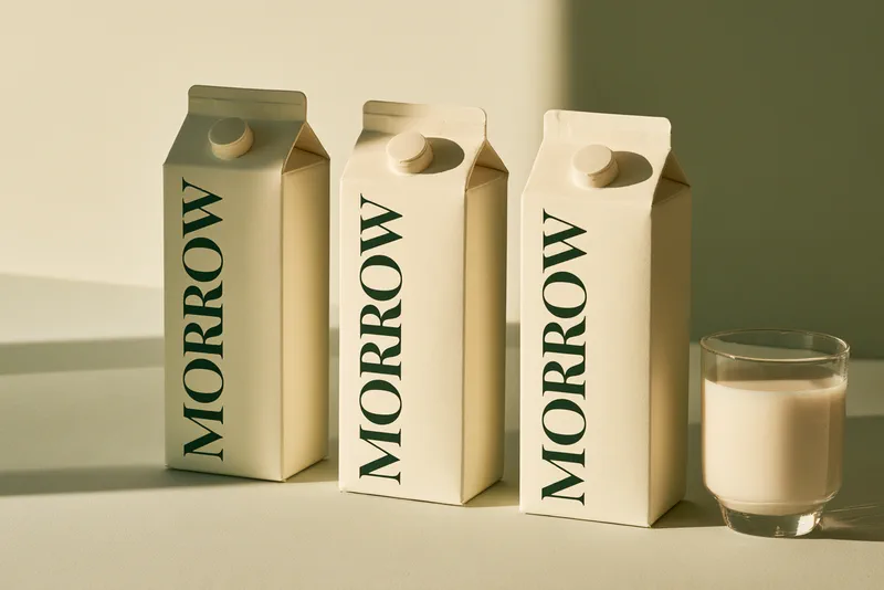 Morrow — three cream milk cartons with the name MORROW running up each in dark green capitals, beside a glass of milk