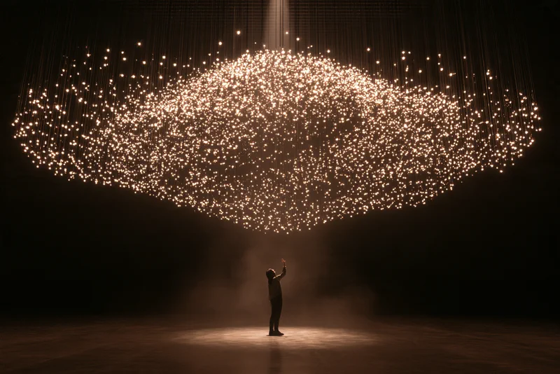 Murmuration — a figure reaching up beneath a vast suspended cloud of tiny lights in a dark gallery