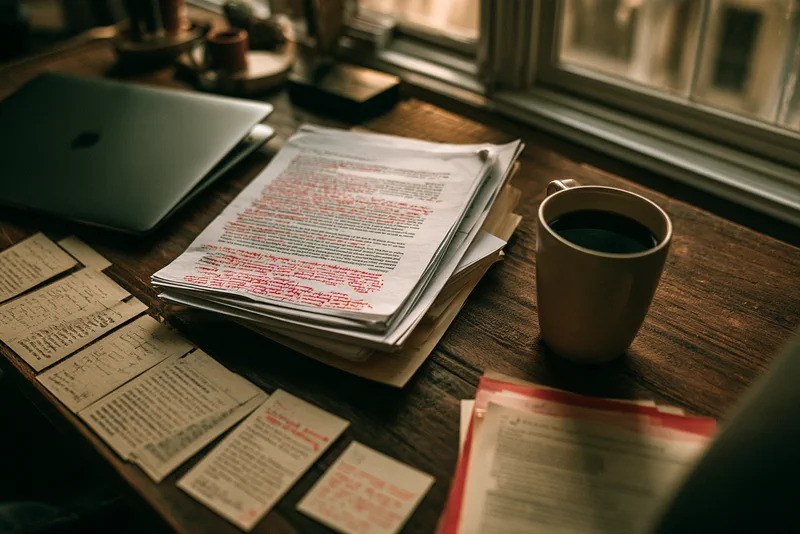 Fold — a writer's desk: manuscript pages marked up in red pencil, index cards laid out in rows, a cup of black coffee