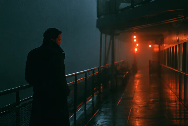 Night Ferry — a man in a dark coat at the rail of a ferry at night, red deck lights receding in the rain