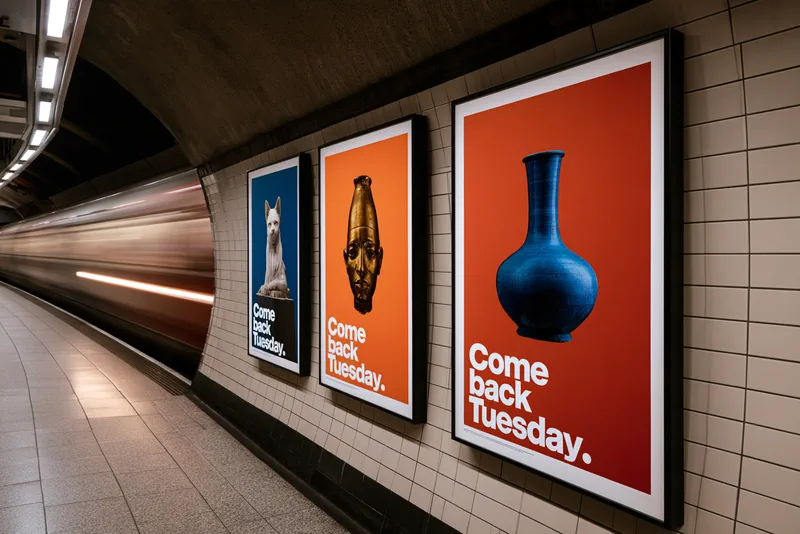 Come Back Tuesday — three posters on an Underground platform wall, each a single museum object above the line Come back Tuesday., a train passing