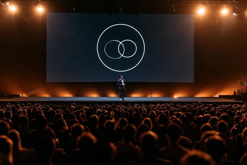 Ask the Second Question — a speaker alone on a wide stage before a full auditorium, two overlapping circles projected on the screen behind