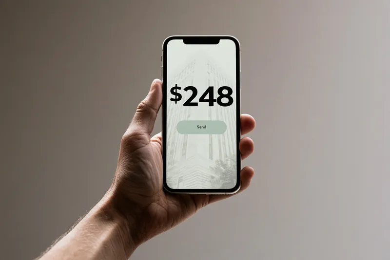 Money, Plainly — a hand holding a phone showing a banking app reduced to one large figure, $248, and a single Send button