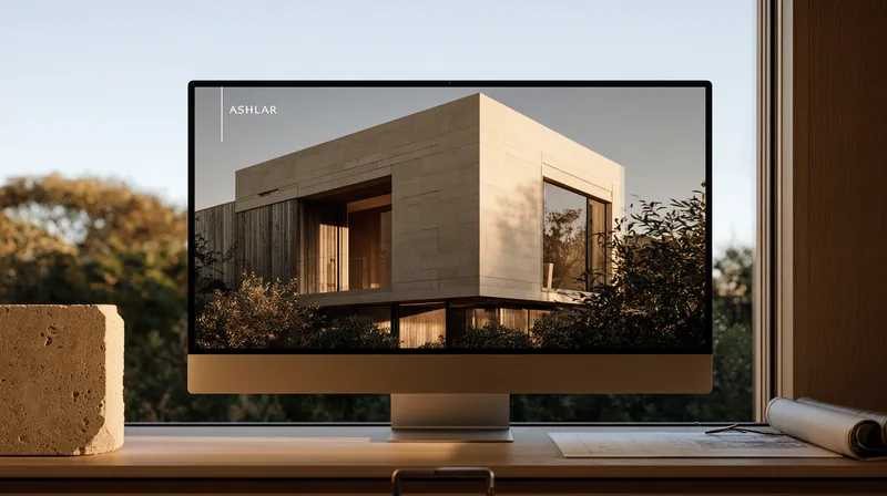 Ashlar — the studio website on a large display: a full-bleed photograph of a limestone house, with only the ASHLAR wordmark in the corner