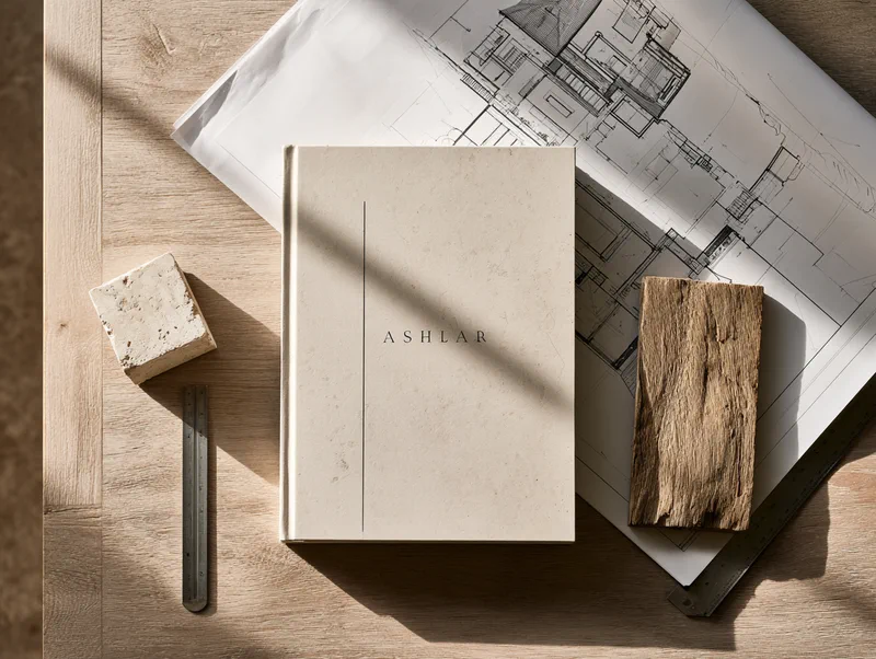 Ashlar — a client proposal carrying the wordmark, laid over a drawing set with limestone and oak samples