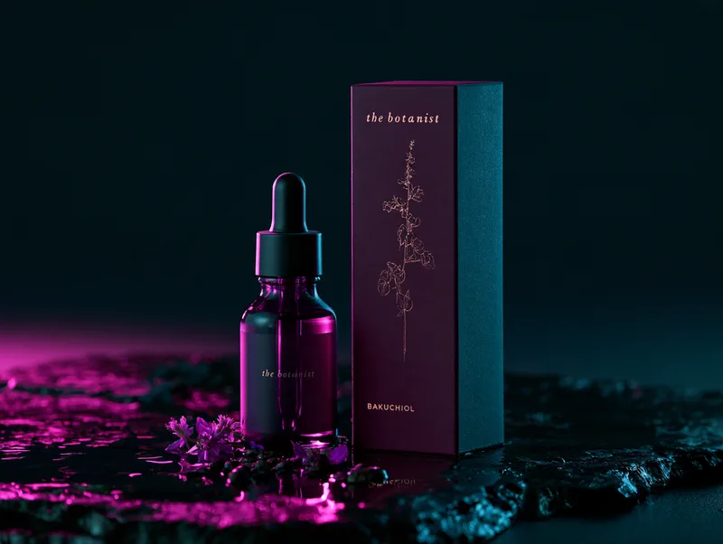The Botanist — a violet glass dropper bottle beside its aubergine box