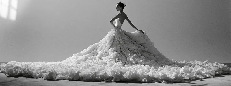 Halcyon — a model in profile in a vast gown of pale crushed ruffles, its train spreading across the studio floor, in black and white