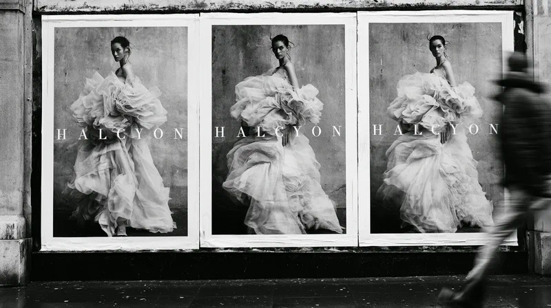 Halcyon — three campaign posters pasted on a city wall, each carrying the photograph and the HALCYON wordmark, a passer-by blurred in the foreground
