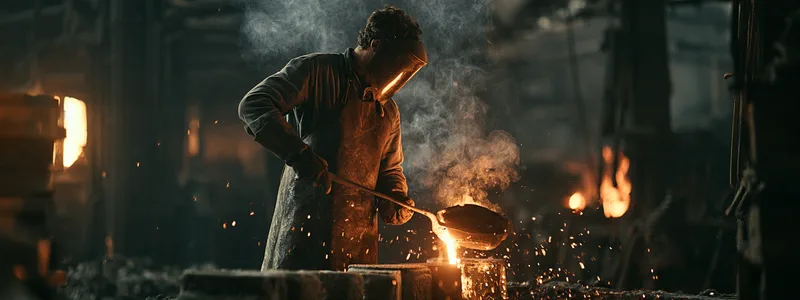 Hollowell — a foundry worker pours molten iron from a hand ladle, sparks scattering in the dark