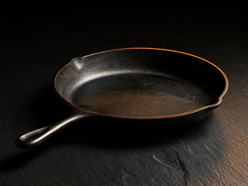 Hollowell — still life of a black cast-iron skillet on black slate