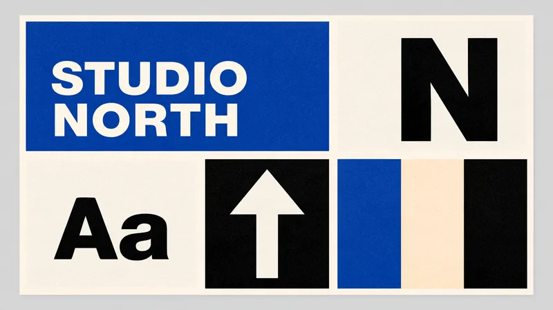 Studio North — identity system board: wordmark, monogram, arrow, type specimen and palette