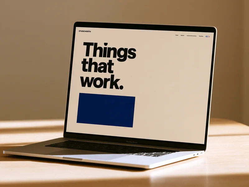 Studio North — website homepage on a laptop with the headline Things that work.