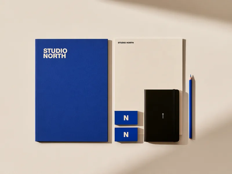 Studio North — stationery carrying the wordmark, monogram cards and a notebook with the north arrow
