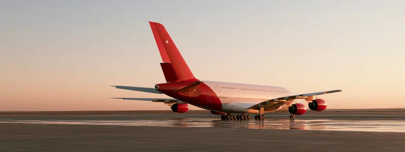 Project Super Jumbo — a double-deck airliner on a wet apron at dawn, seen from behind, its tail and rear fuselage vermilion with a small white star