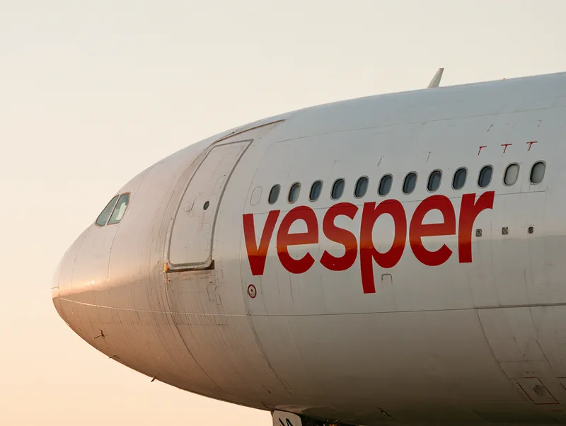 Project Super Jumbo — the airline's name, vesper, painted large in vermilion on the white forward fuselage