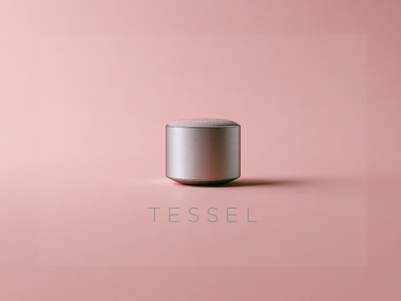 Tessel — the film's end frame: a small aluminium speaker above the wordmark