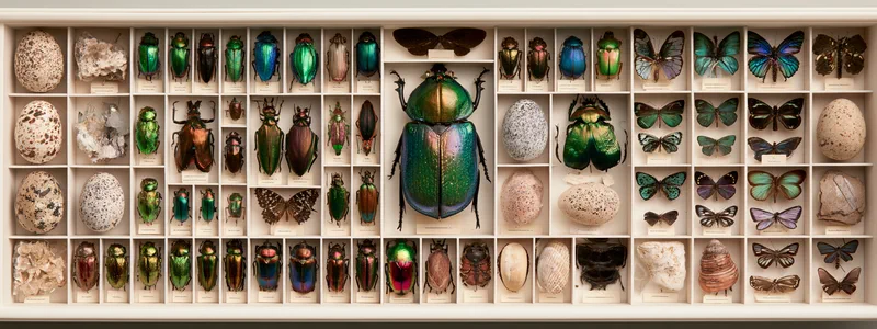 The Cabinet — an open museum specimen drawer: rows of iridescent beetles, butterflies, shells, eggs and minerals in white compartments