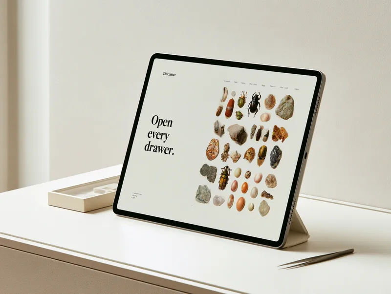The Cabinet — the website on a tablet, with the headline Open every drawer. beside a grid of specimens