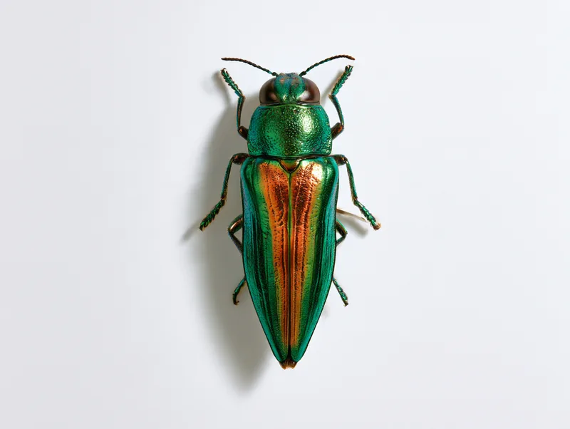 The Cabinet — a single green and copper jewel beetle on white