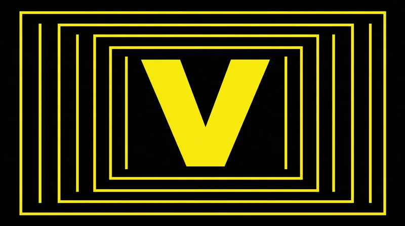Vela — the mark's reveal shown all at once: a bold yellow V on black, with cinema-frame outlines nested outward around it