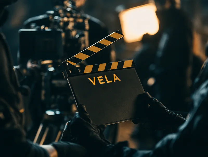 Vela — a black and yellow clapperboard carrying the VELA wordmark, held up on a night set