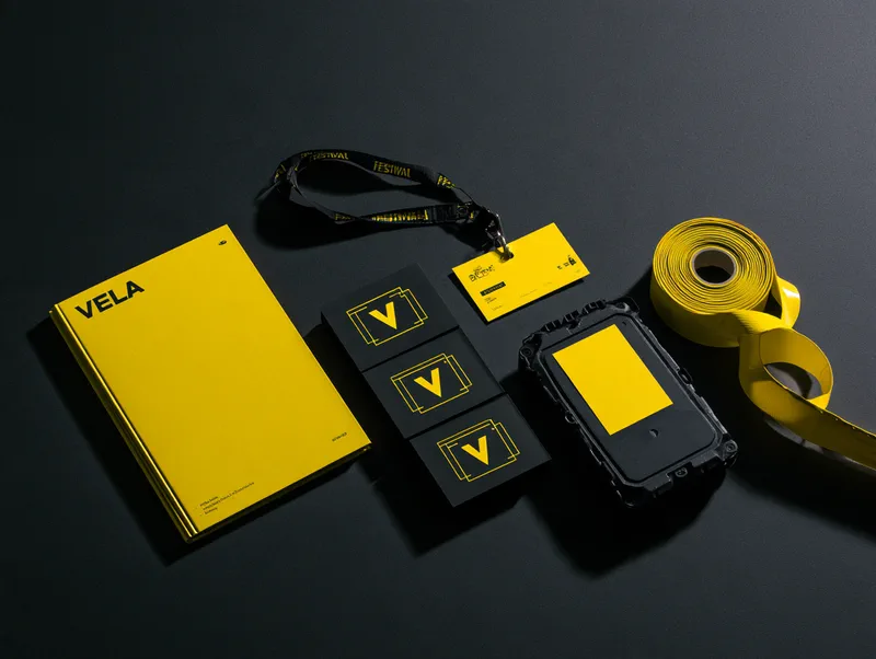 Vela — brand kit on black: yellow pitch deck with the wordmark, business cards with the mark, festival lanyard, hard drive, and gaffer tape